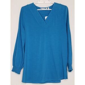 Soft Surroundings Julieann Tunic Top Sz Larage Blue Long Puff Sleeve V-Neck NWT